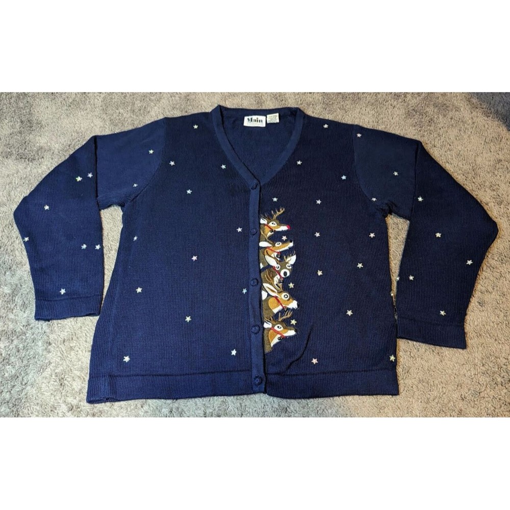 Reindeer Christmas Sweater Cardigan Blue Medium Main Street  Ugly Size M